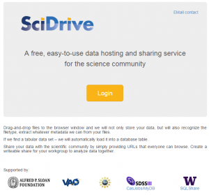 SciDrive home page, with login button