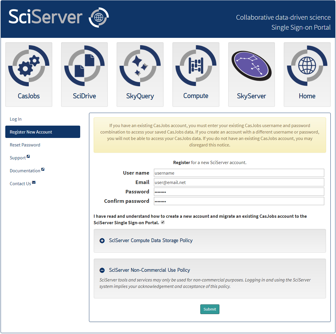 SciServer CasJobs and new user registration form asking for username, email, and password