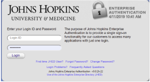 The authentication screen for Johns Hopkins University