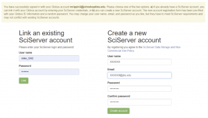 The interface to link an existing SciServer account OR create a new one