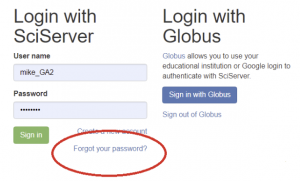 The SciServer login control includes a "Forgot your password?" link