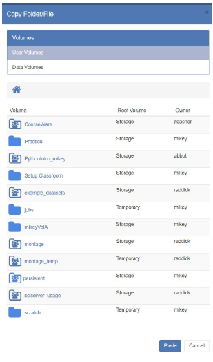 The Copy Folder/File dialog box, showing a selectable list of your User Volumes