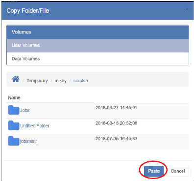 The Copy Folder/File dialog box, with the Paste button highlighted