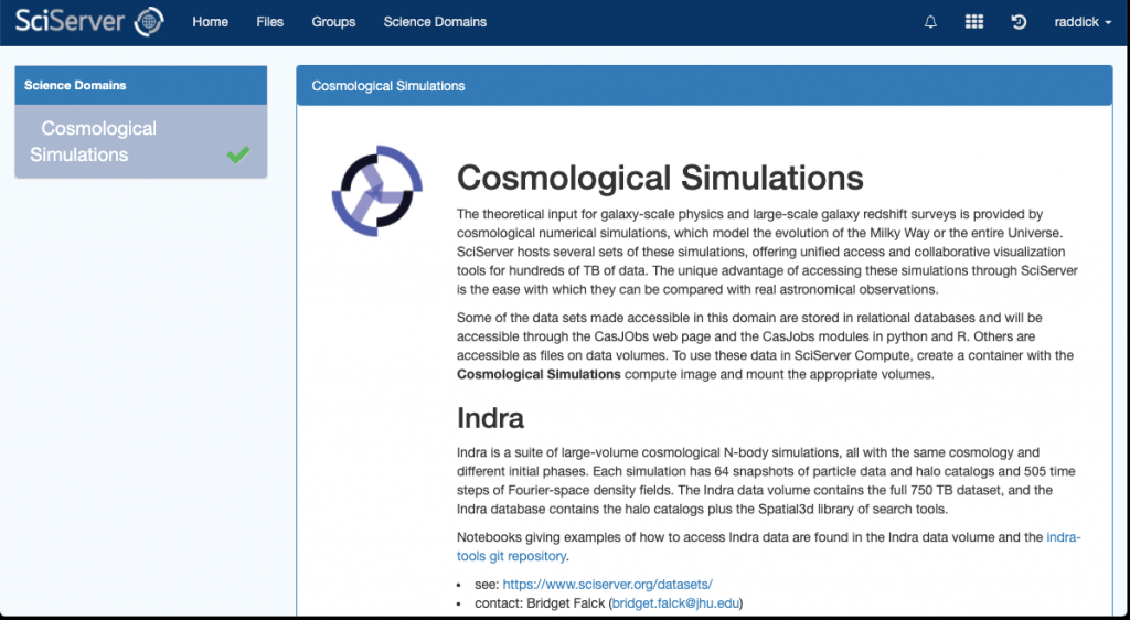 Screenshot of Science Domains page of the Dashboard